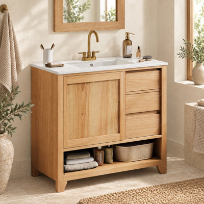 Meuble-lavabo simple sur pied de 91 cm (36 po) avec lavabo en céramique, porte coulissante, 2 tiroirs à fermeture amortie et tablette ouverte
