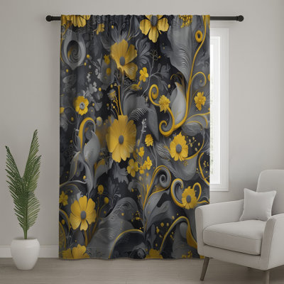 Rideaux et voilages à motif floral jaune et jaune à motif floral - 1 panneau