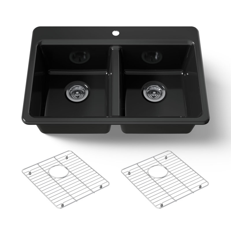 Riverby 33 In. Top-Mount Double-Bowl Kitchen Sink, Black, 4 hole, Double-equal bowls