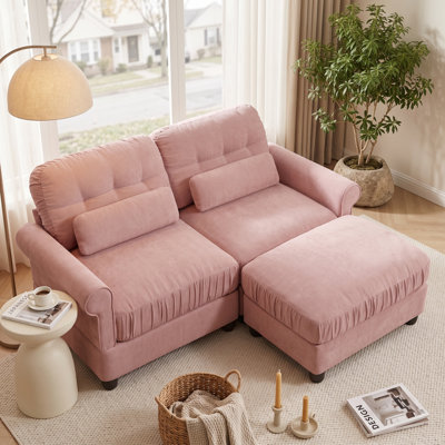 Canapé modulable 2 places en chenille souple à volants, style transitionnel, avec pouf, dossier capitonné, accoudoirs arrondis et coussins lombaires, rose