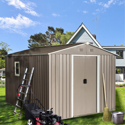 Grey 8ft X 10ft Metal Storage Shed With Foundation - Robust Galvanized Steel Build, Window, Punched Vents For Optimal Ventilation, Sliding Doors Padlock Easy Assembly Instructions Outdoor Door, And