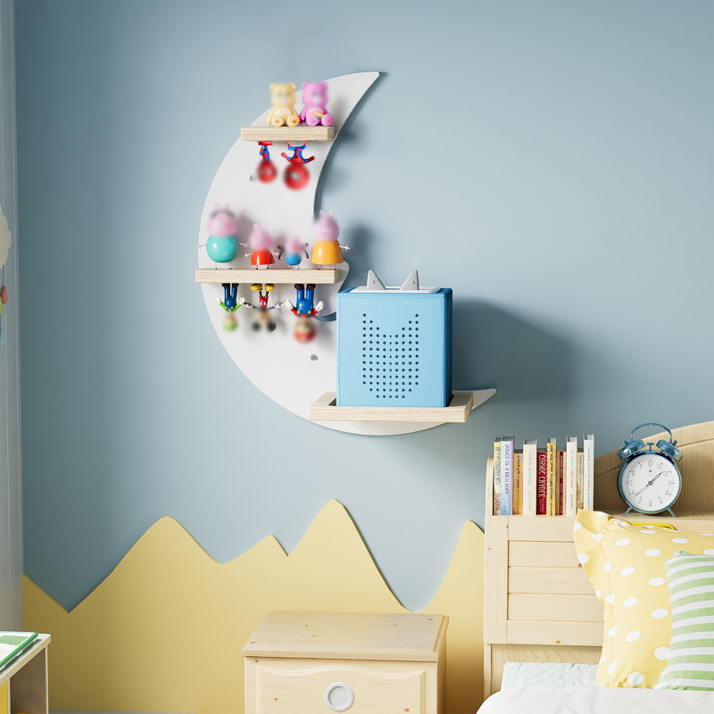 Moon Tonie Shelf - White Magnetic Wooden Floating Shelf For 9-18 Tonie Figures, Cute Kids Room Wall Mounted Shelf