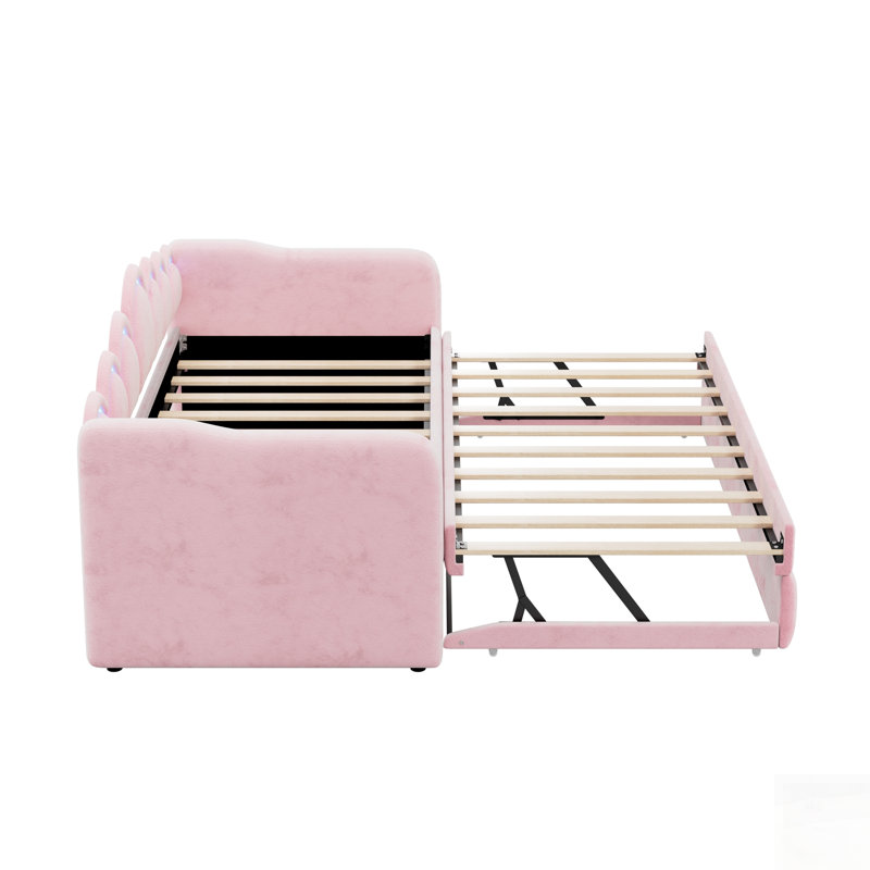 Velvet Upholstered Daybed with Multifunctional Trundle and LED Lighting, Perfect for Comfort and Style, Pink