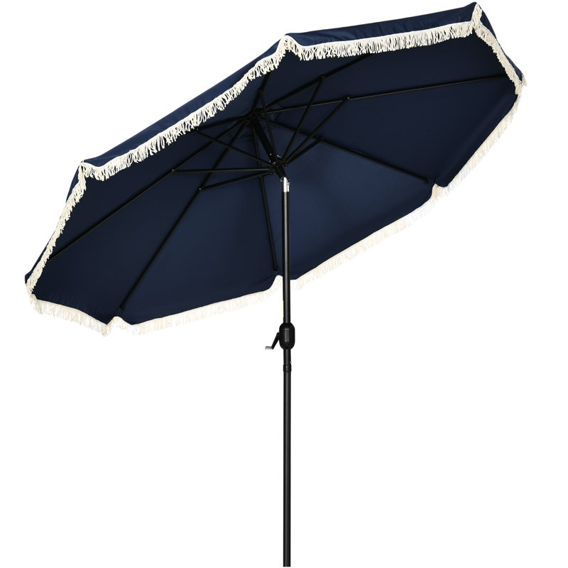 Parasol de patio bleu foncé 9 pi, avec mécanisme d'inclinaison et de manivelle, à volants pour parasol 9 pi de jardin