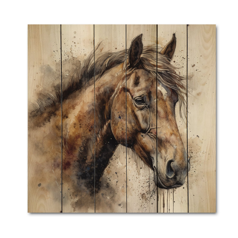 Quinten brun aquarelle, portrait de cheval sur bois, H 15 po x l 15 po x P 0,78 po