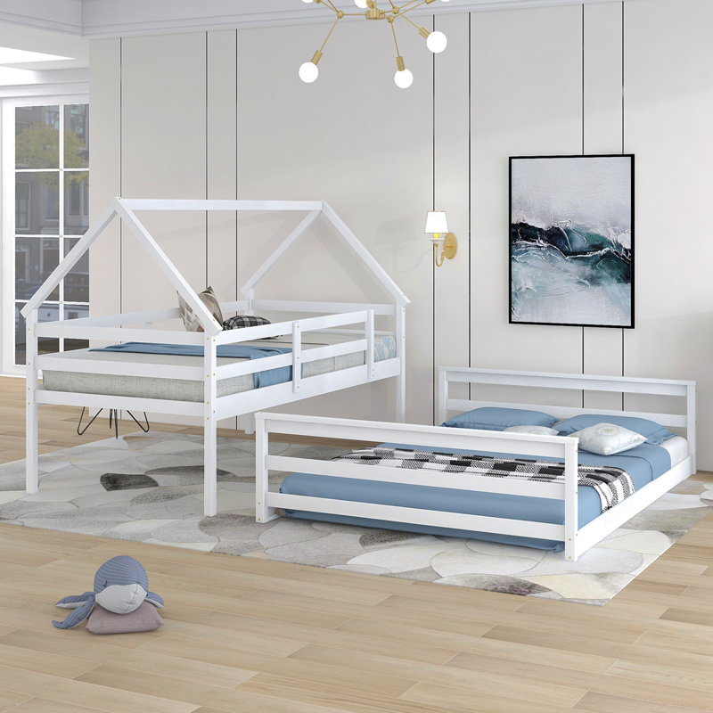 Lit simple superposé au dessus d'une maison double avec échelle intégrée, blanc, Blanc