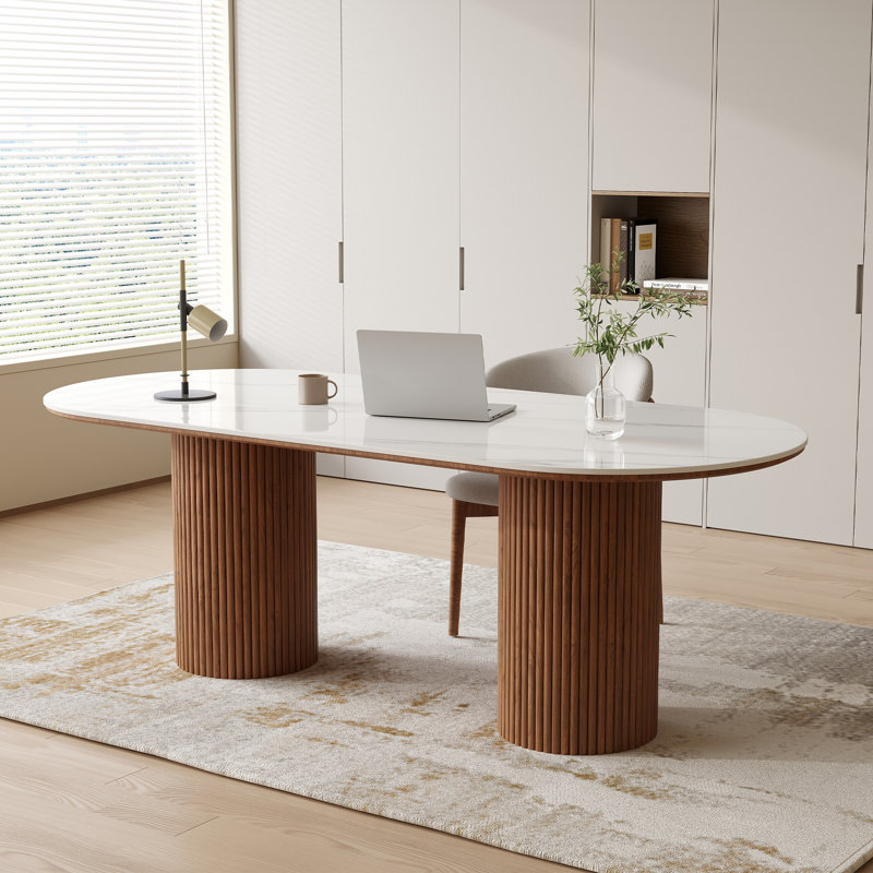 Bureau de direction moderne de 180 cm (70,87 po) avec plateau en faux marbre et double piètement cannelé, grand bureau pour bureau à domicile