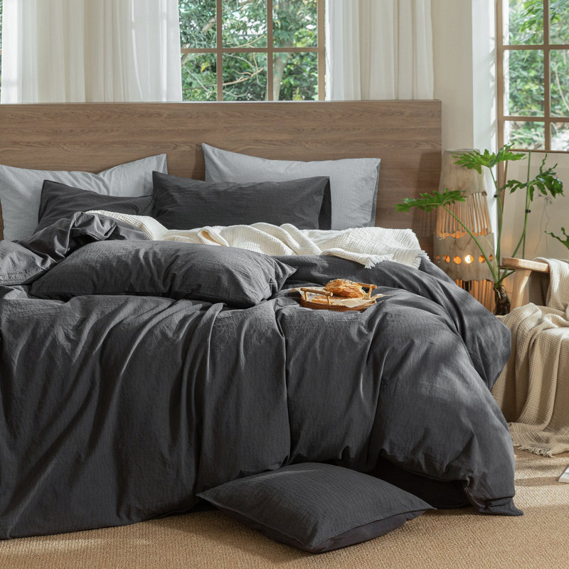 Ensemble de housse de couette à rayures ondulées 100% coton lavé MooMee, Housse de couette très grand et 2 très grandes t