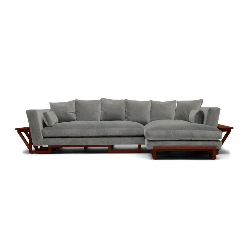 LRG Chaise Sectional, Right Side Tray, Solid Walnut, Smoke Velvet