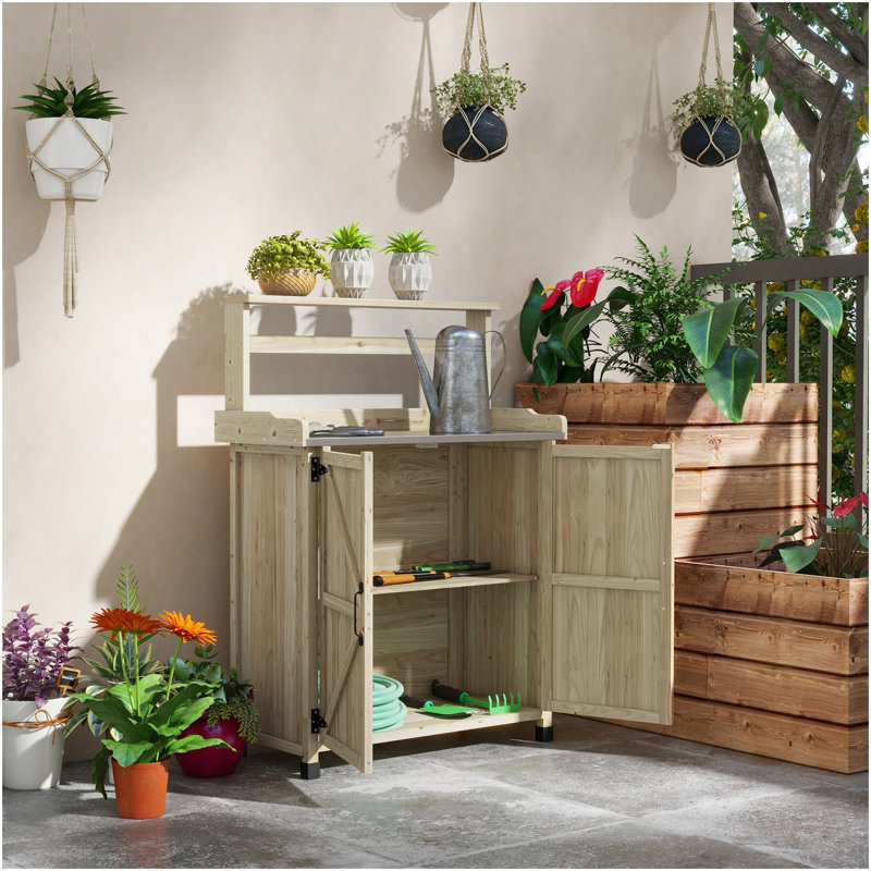 Banc de rempotage Outsunny, table de rempotage en bois pour l'extérieur avec armoire de rangement avec 2 tablettes, banc de jardin avec plateau en placage galvanisé pour la cour arrière, balcon, naturel