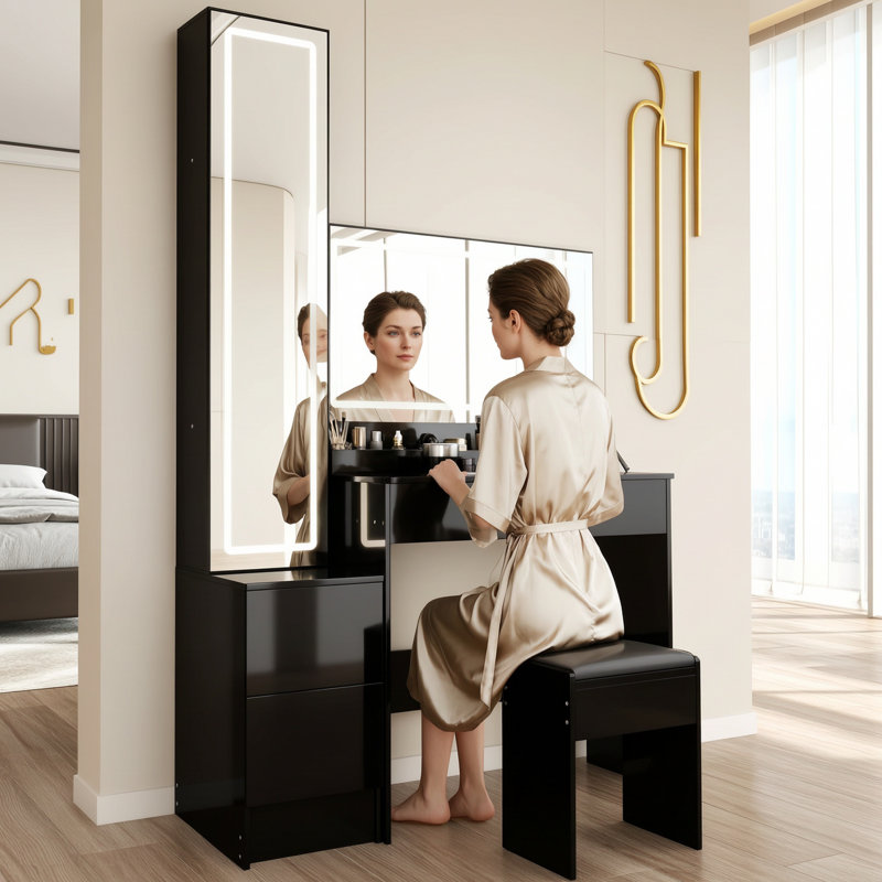 Medium Black Makeup Vanity With Led Mirror And Drawer, Black