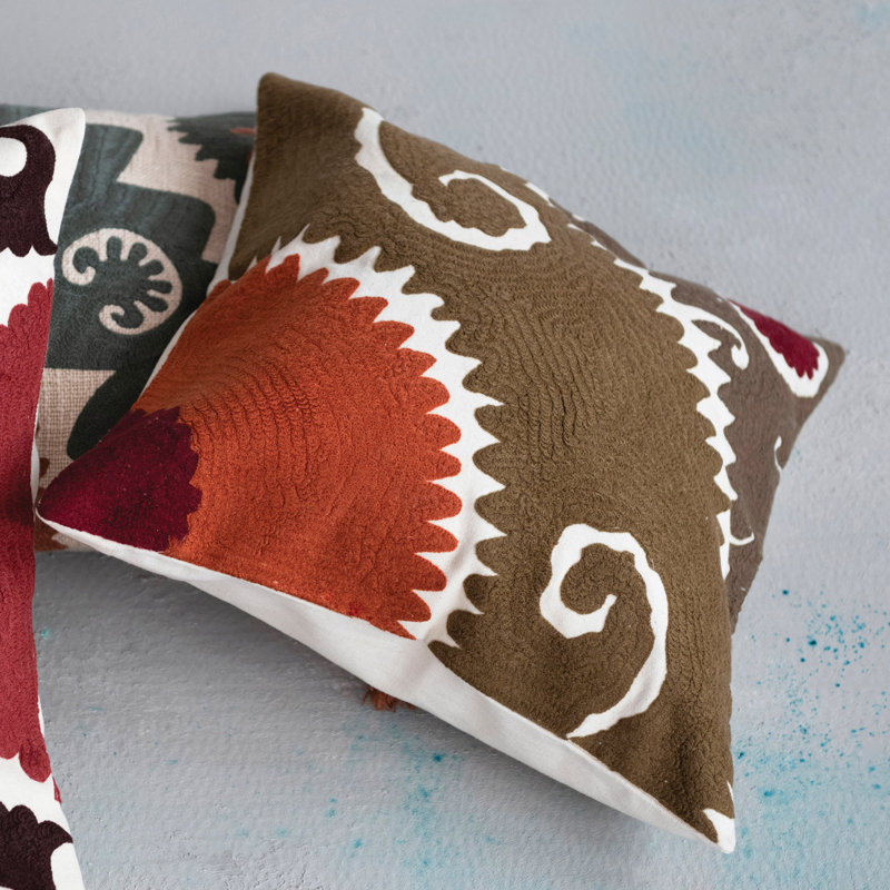 Suzani Embroidered Cotton Square Pillow, 18"