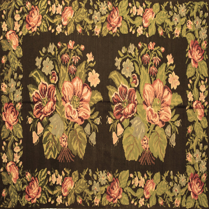 Tapis en chenille / polyester tissé à la machine à motif floral en chenille brun / noir / rose, Carré 4 pi