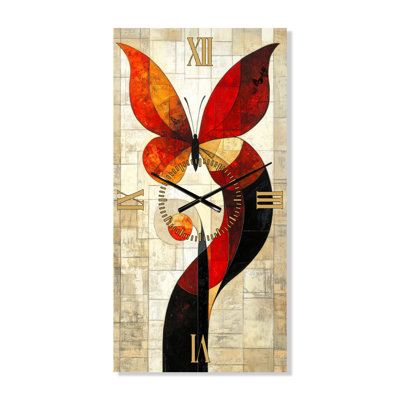 Horloge murale géométrique en métal, grand format, motif papillon rouge abstrait printanier
