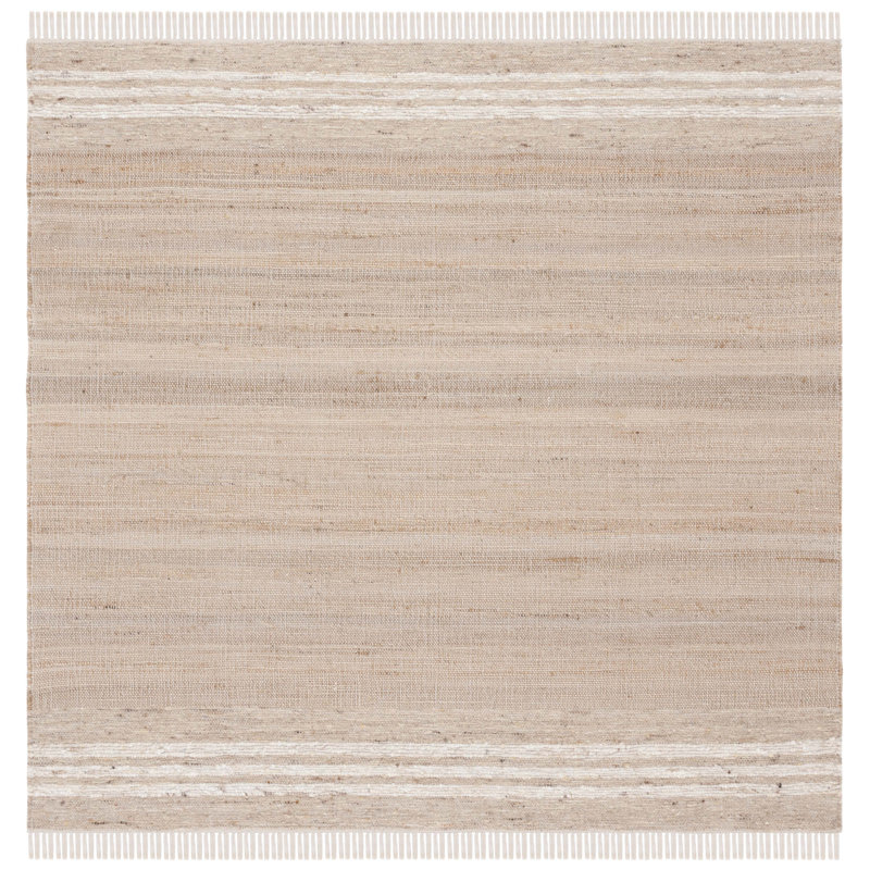 Macio Hand Woven Jute/Wool/Cotton Striped Rug in Ivory/Brown, Square 6'