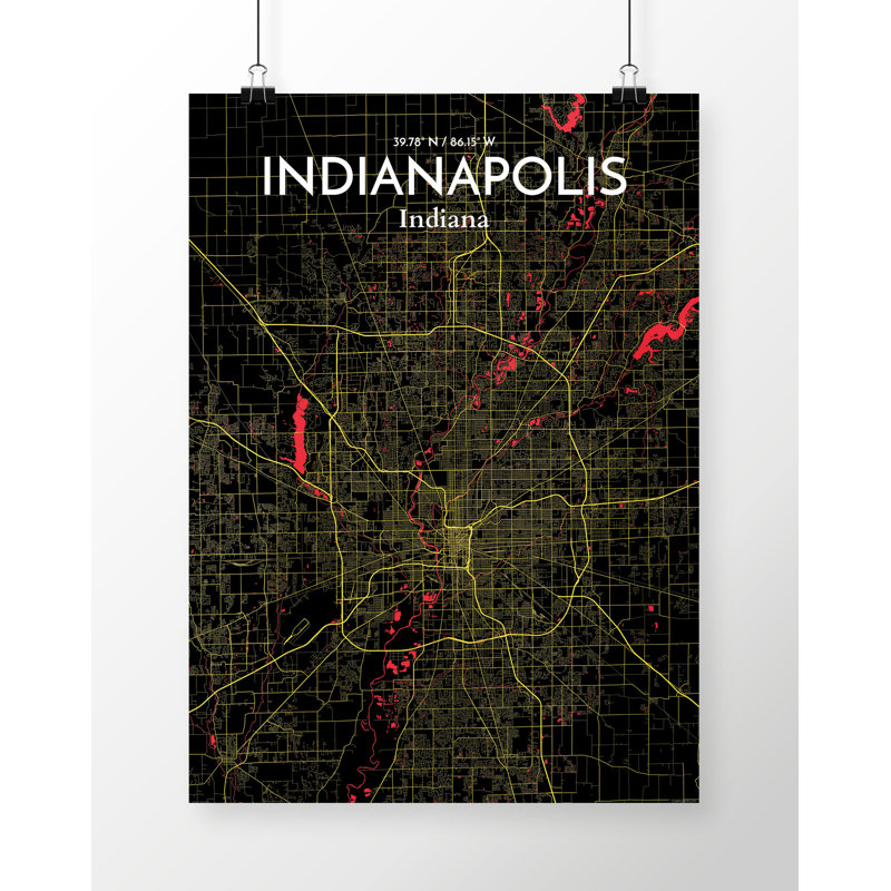 «Indianapolis City Map», reproduction d'impression sur affiche en noir, H 20 po x l 16 po