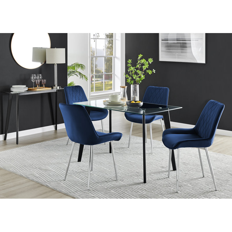 Scandinavian Dining Table Set - Minimalist Style Glass and Metal Leg with 4 Luxury Dining Chairs, Black, Navy Blue/Silver