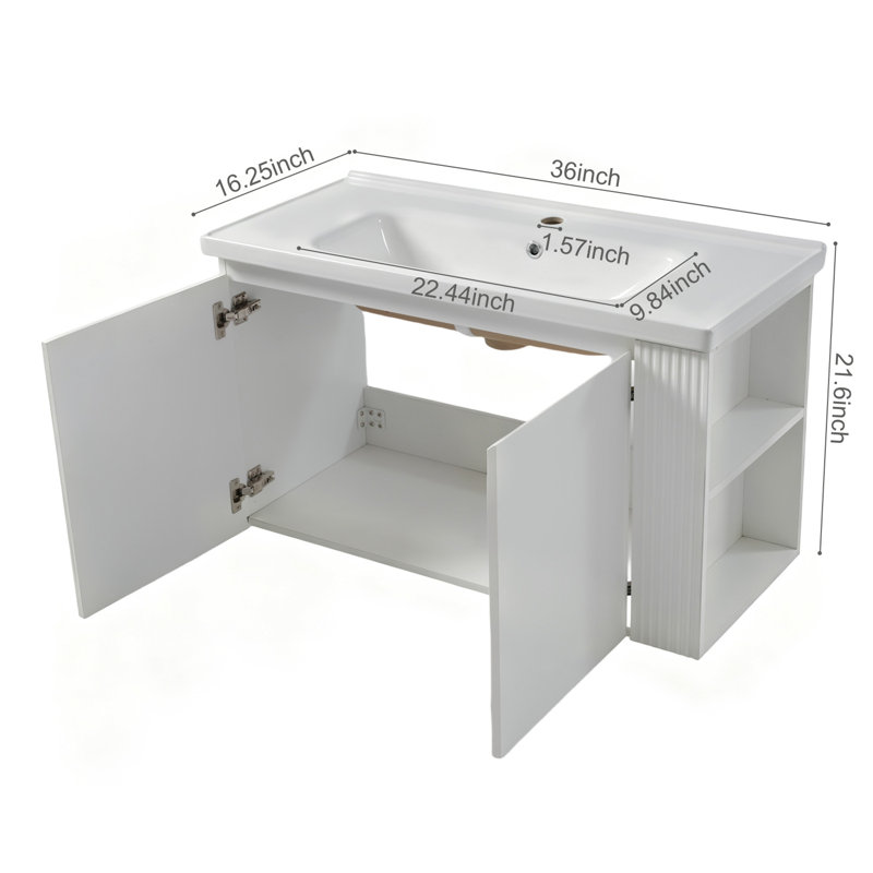 Meuble-lavabo mural de 91 cm (36 po) avec lavabo en céramique et armoire en MDF