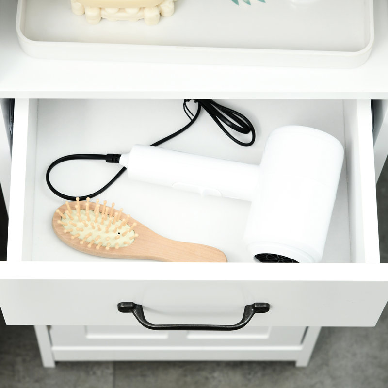 Tour de rangement mince pour salle de bain - Grande armoire à linge avec tablette ouverte, tiroir, portes encastrées et tablettes réglables, blanc