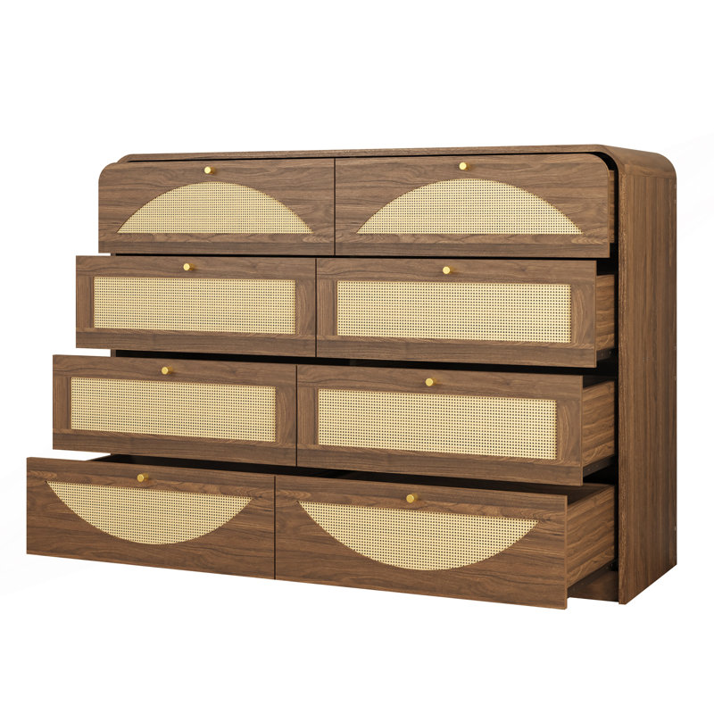 Commode 8 tiroirs avec façade en rotin, commode et armoire de rangement moderne, Walnut