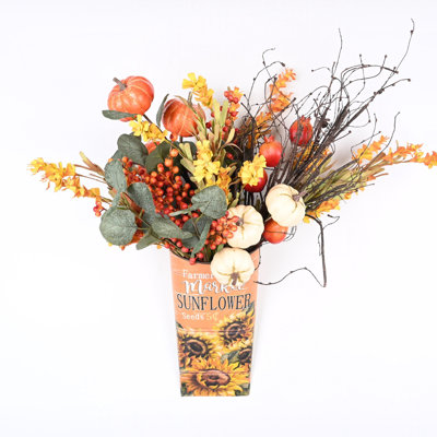 Artificial Fall Autumn Pumpkin Flowers Arrangement in Pot