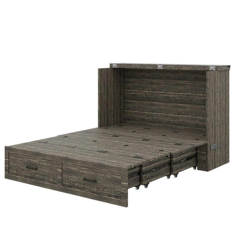 Armoire murale escamotable avec plaque de charge intégrée, lit pliable polyvalent avec 1 grand tiroir de rangement, Grand lit