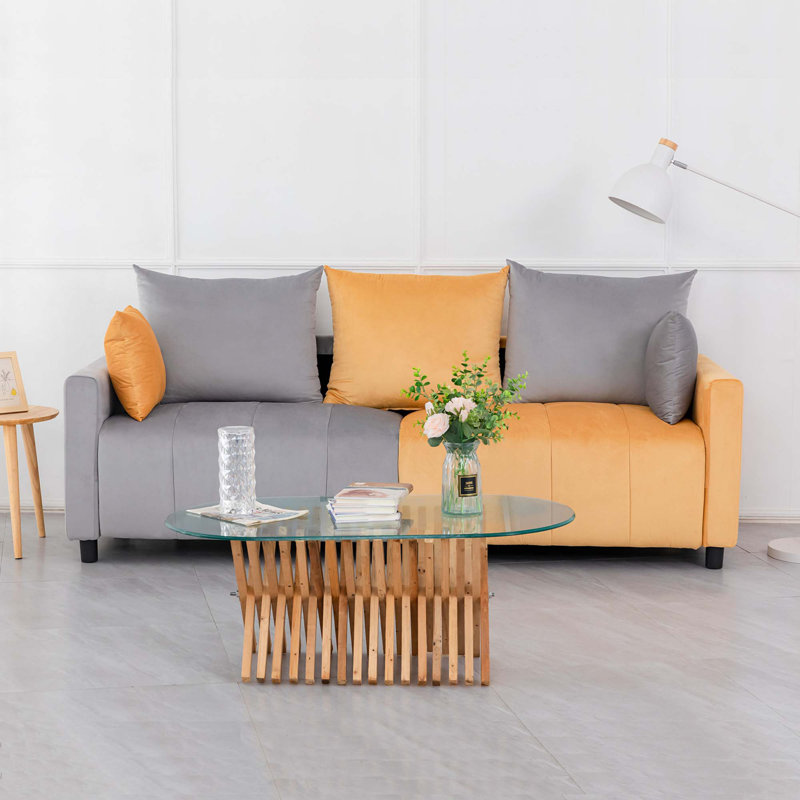 82" Velvet 2-Seater Sofa, Gray/Yellow
