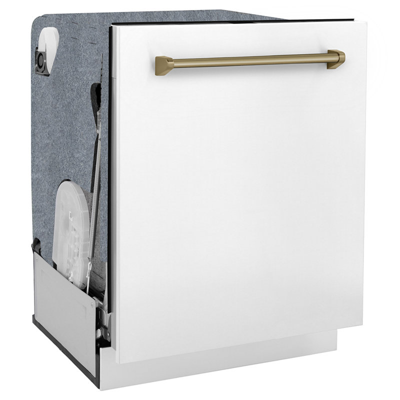 ZLINE Autograph 24 in. 3rd Rack Dishwasher w/ Auto Door Open, 44dBa, White Panel & Bronze Handle, Champagne Bronze