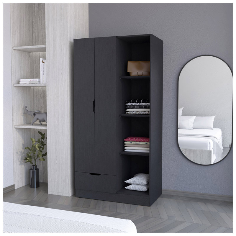Armoire Redmond avec tiroir simple, 4 tablettes de rangement et tringle