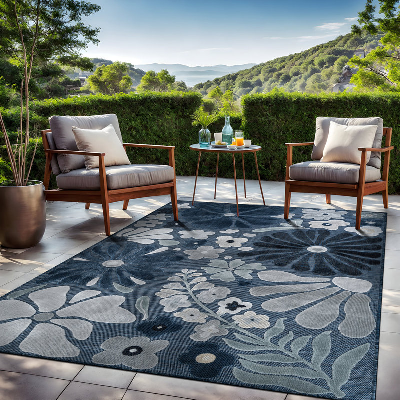 Tapis floral d'intérieur pour l'extérieur, Navy, Rectangle 4' x 6'