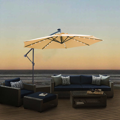 Parasol décalé 32 lumières DEL - Taupe Structure, matériau respirant, patio inclinable de 10 pi avec structure, auvent à décoloration, système de manivelle pratique