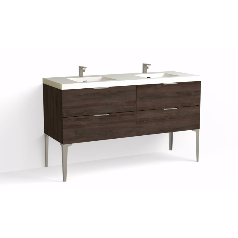 Avila 60" W Freestanding Double Bathroom Vanity with Dean Leg, Matte White/Single, Charred, Satin Nickel