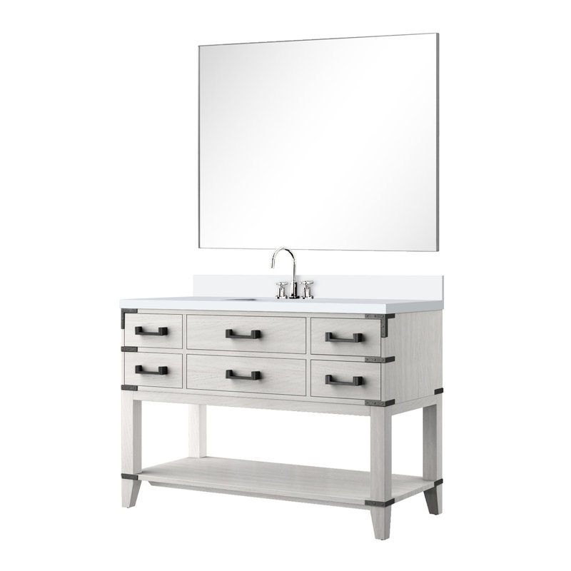 48 po Meuble de salle de bain en chêne blanc avec dessus en quartz et robinet, Chêne blanc