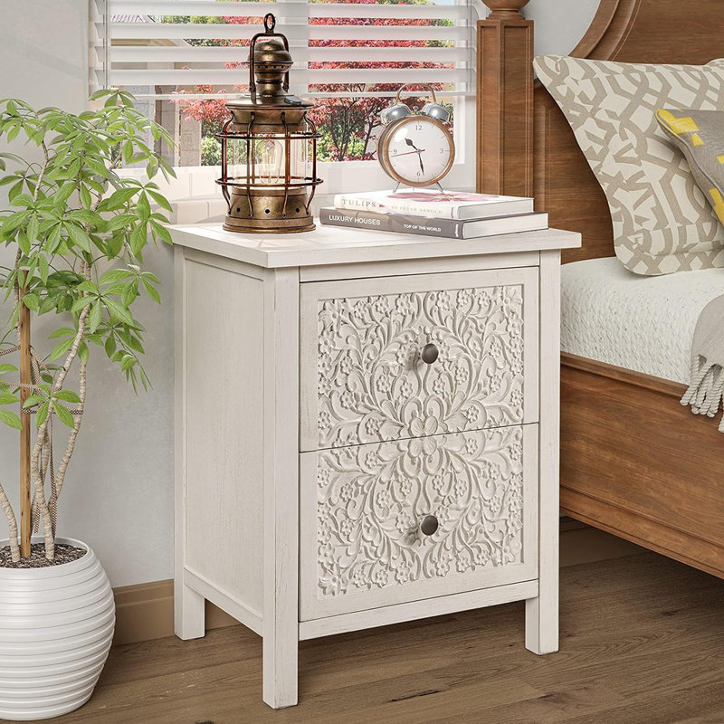 Levera Farmhouse Fully-Assembled 2-Drawer Nightstand, Distressed White-Washed End Table