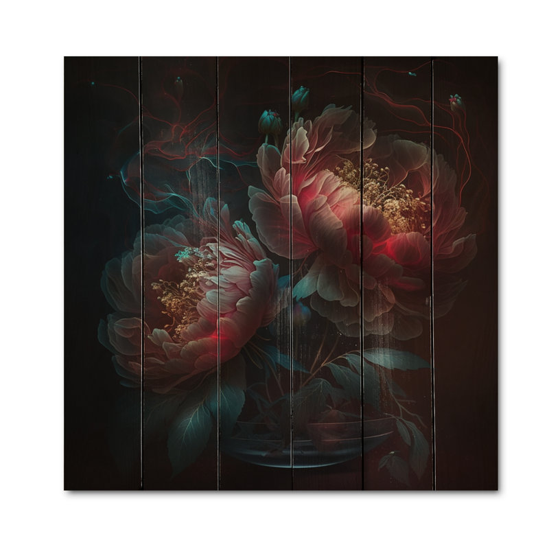 Harmonieuse fleur de pivoine rose noire sur bois, H 15 po x l 15 po x P 0,78 po