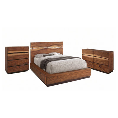 Ensemble de chambre à coucher 3 pièces Ashcombe en noyer fumé, format queen, comprenant un lit avec rangement, une commode et un coffre de rangement.