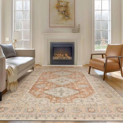 Oriental Machine Washable Green Area Rug with Non-Slip Backing