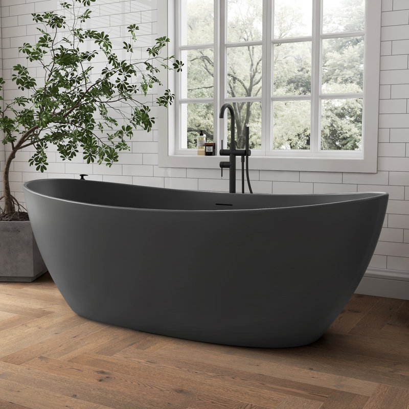 Baignoire autoportante 73 po à double surface en résine de pierre avec trop-plein et drain, gris foncé, Gris foncé