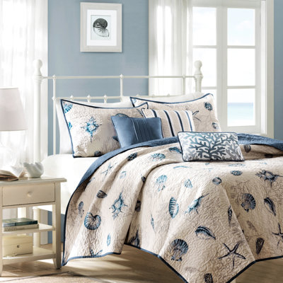 Collection de literie en microfibre bleue - Lit simple/lit simple XL avec imprimé coquillages