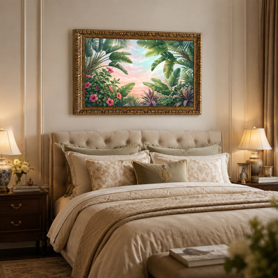 Art mural sur toile, feuilles tropicales et fleurs d'hibiscus roses sur ciel pastel