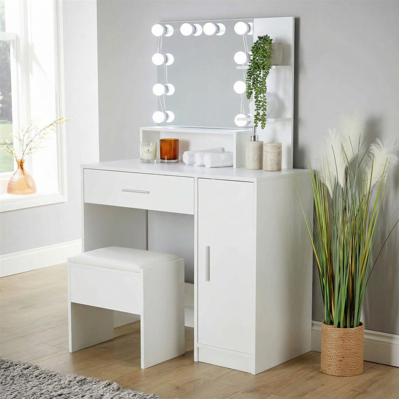 Roianne 1 Drawer Dressing Table Set with LED Mirror, White