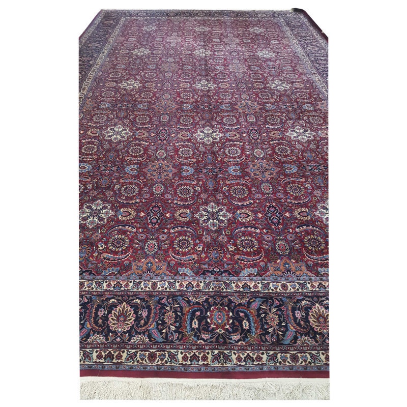 Tapis semi-antique bourgogne / bleu marine 16 x 28 Mashad