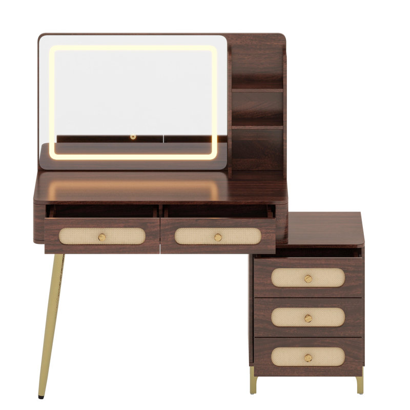 Coiffeuse avec miroir lumineux, coiffeuse rétro avec tiroirs et tablette de rangement, éclairage multimode, Brun