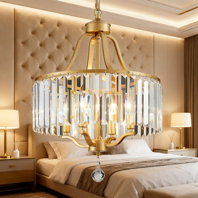 Luminaire suspendu moderne en cristal avec plafonnier doré à 4 lumières à hauteur réglable pour le salon, la cuisine et la salle à manger