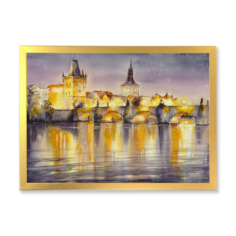 Charles Bridge In Night Lights - reproduction d'art sur toile, Cadre doré, H 24 po x l 36 po x P 1 po