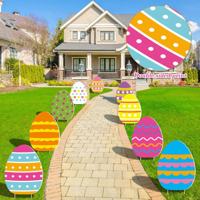 8 Piece Easter Eggs Yard Signs Double Sided Waterproof Egg Shaped Multicolored Classic Style Pole Mount Lawn Decoration