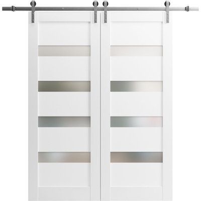 Portes coulissantes doubles de style grange avec quincaillerie Quadro 4113 Blanc Soie avec verre opaque dépoli, rail de 4 m (13 pi), ensemble robuste, panneau en bois massif, porte intérieure de cuisine, chambre ou salle de bain - 162,5 cm x 203 cm (64 po x 80 po) (2 x 81 cm x 80 po) - Rail argenté
