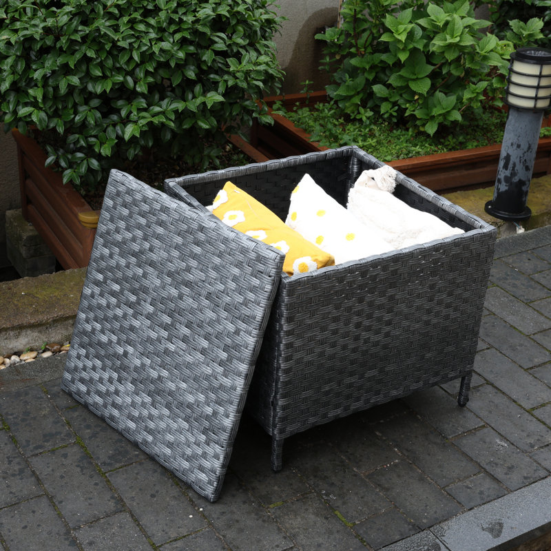 Outdoor Wicker Side Table Patio Coffee Table with Storage End Square Table, Gray
