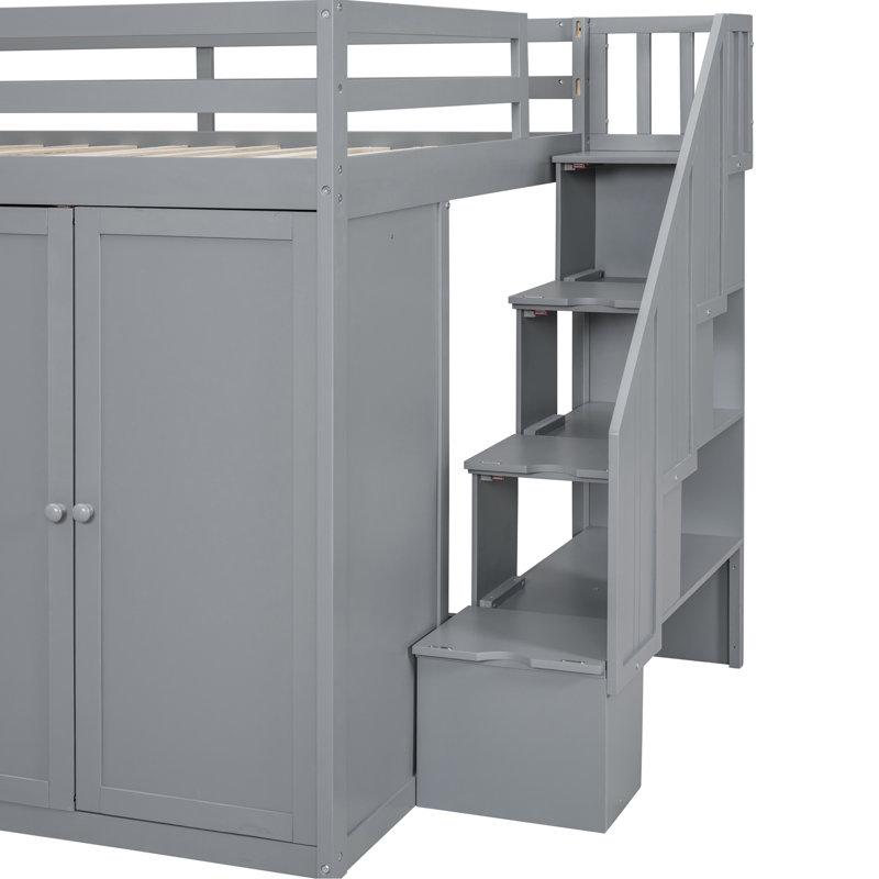 Lit mezzanine gris avec rangement à compartiments abondants: armoires, armoires, tiroirs encastrés fonctionnels et escalier