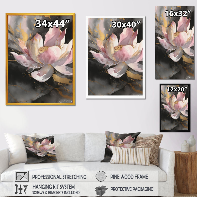 «Pink Lotus Floral Serenity I», impressions sur toile florales de lotus, H 32 po x l 24 po, Encadrement doré